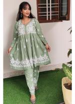 Soft Rayon Light Green Casual Wear Embroidery Work Readymade Kurti With Bottom